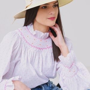 HUNTER BELL White Smocked Polka Dot Hayes Blouse Pink
